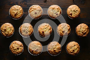 Muffins neatly arranged on the kitchen table in flat lay