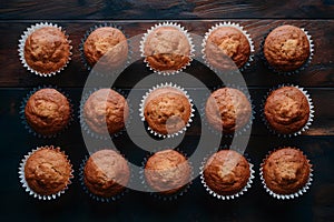 Muffins neatly arranged on the kitchen table in flat lay