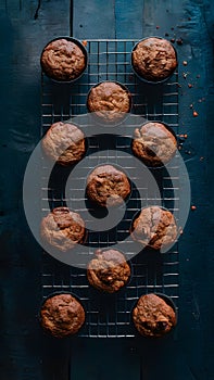 Muffins neatly arranged on the kitchen table in flat lay