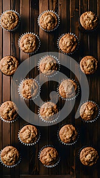 Muffins neatly arranged on the kitchen table in flat lay