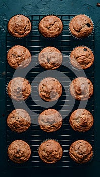 Muffins neatly arranged on the kitchen table in flat lay