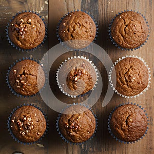 Muffins neatly arranged on the kitchen table in flat lay