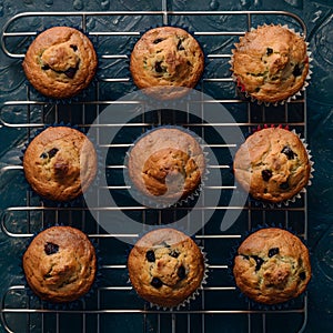 Muffins neatly arranged on the kitchen table in flat lay