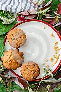 Muffins and peanuts on a ceramic plate, with green and red plant leaves and wild flowers on cotton tablecloth. Mock up. Template