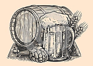 Mug and barrel of beer. Hand drawn sketch style. Pub, brewery vector illustration