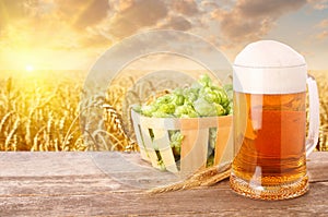 Mug of beer against wheat field