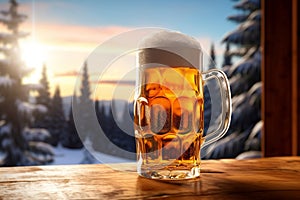 A mug of beer with beer froth on the table, pine trees on snow mountain and sunrise, close up shot with copy space, no people,