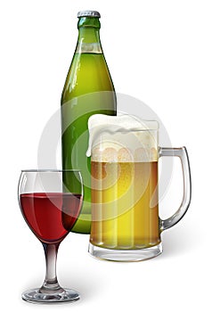 A mug of beer, a bottle of beer, a glass of red wine