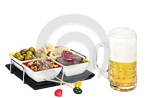 Mug of beer with cheese, olives , salami and nuts