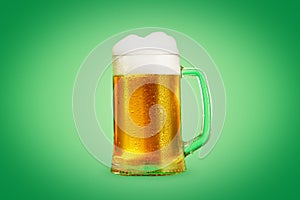 Mug of beer close-up with froth over green background