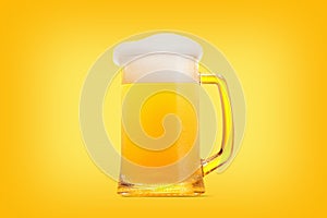 Mug of beer close-up with froth over yellow background