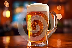 A mug of beer on counter bar in pub on blurred background, close up shot with copy space, Internationnal beer day concept.