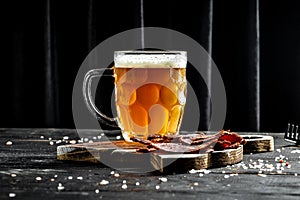 Mug of beer and dried fish on dark background, glass with thick foam, . place for text