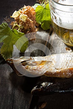 Mug of beer and dried fish