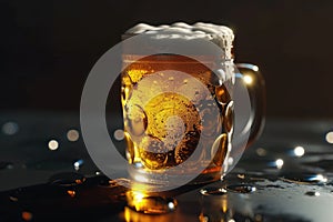 A mug of beer with foam on the table close-up. oktoberfest. light alcoholic drink.