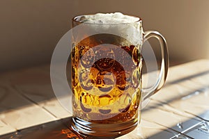 A mug of beer with foam on the table close-up. oktoberfest. light alcoholic drink.