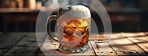 A mug of beer with foam on the table close-up. oktoberfest. light alcoholic drink.