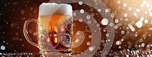 A mug of beer with foam on the table close-up. oktoberfest. light alcoholic drink.