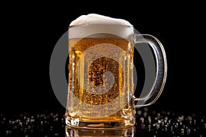 A mug of beer with froth, some spilled on the table, close up shot isolated on black background, oktoberfest and International
