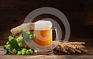 Mug of beer with green hops and wheat ears