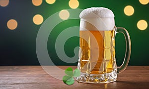 mug of beer and green shamrock leaf on the wooden pub table