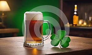 mug of beer and green shamrock leaf on the wooden table in pub. St. Patrick\'s Day celebration concept