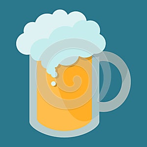 Mug of beer with high froth in flat style vector illustration isolated on a blue background