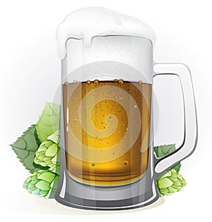 Mug of beer and hops with leaves