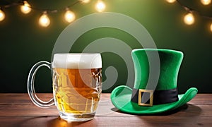 mug of beer with leprechaun hat on the wooden table. St. Patrick\'s Day celebration