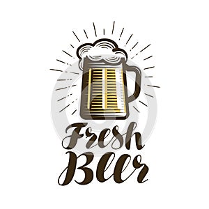 Mug of beer, logo or label. Bar, pub, ale, alcoholic drink icon. Lettering vector illustration