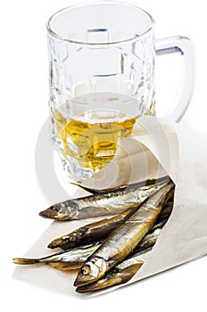 Mug of beer with smoked fish