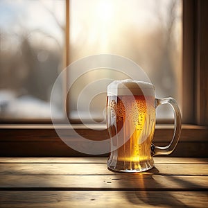 Mug of Beer on the Wooden Table, Generative AI