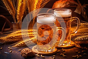 mug of beer, wheat ears, green hops and beer barrel on a wooden background Generative AI