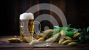 Mug of beer, wheat ears, green hops on a wooden background