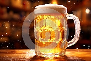 A mug of beer wiht some spilled beer foam in the air at the pub on blurred background with copy space, party and celabration