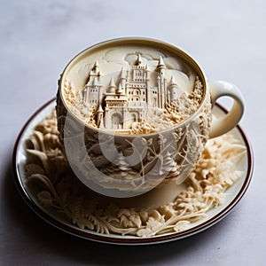 Mug of cappuccino froth resembles detailed castle, Ai Generated