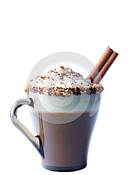 Mug of cappuccino with whipped cream. A mug of chocolate and roasted nuts. Isolate on a white background.Cinnamon tube.