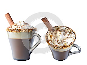 Mug of cappuccino with whipped cream. A mug of chocolate and roasted nuts. Isolate on a white background.Cinnamon tube.