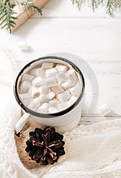 Mug of cocoa with marshmallows, hot chocolate,  white sweater, cones,  gift , green branches of thuja, fir branches on a white