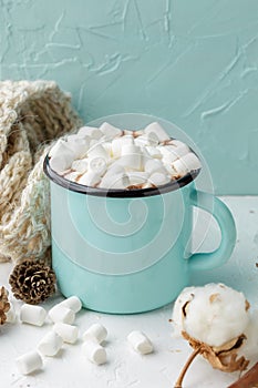 Mug of cocoa with marshmallows and winter decor
