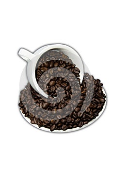 Mug of coffee beans with saucer on white background.