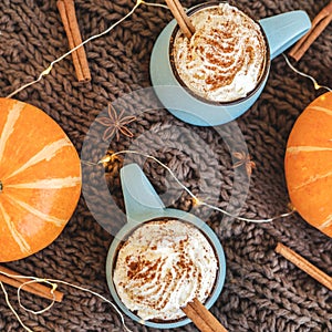 Mug of coffee, cocoa or hot chocolate with whipped cream and cinnamon on scarf with pumpkin, leaves, garland, anise star