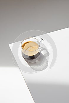 mug with coffee on a gray background with shadows of leaves. Top view, close-up