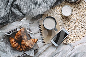 Mug with coffee and home decor on tray