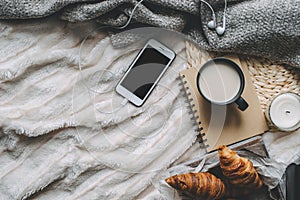 Mug with coffee and home decor on tray