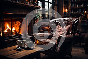 Mug with coffee or hot tea in a cozy brown chair in front of a living room with fireplace