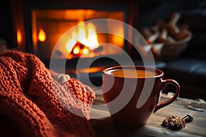 Mug with coffee or hot tea in a cozy brown chair in front of a living room with fireplace photo