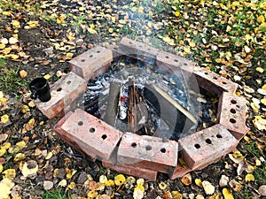 A mug of coffee stands on a brick that encloses the fire in the clearing