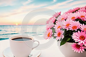 A mug with coffee on a table with pink flowers, a tropical island in the background, Generative AI