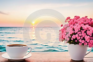 A mug with coffee on a table with pink flowers, a tropical island in the background, Generative AI